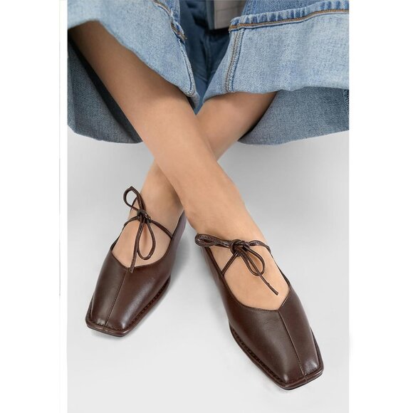 Women Chocolate Faux Leather Square Toe Lace Up Ballerina Ballet Slip On Flats - Picture 4 of 6